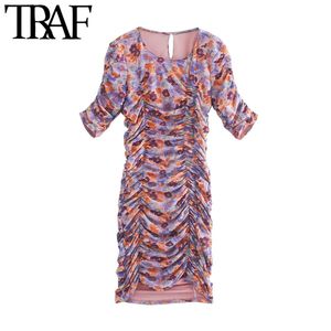 TRAF Women Fashion Floral Print Draped Elastic Midi Dress Vintage O Neck Short Sleeve Female Dresses Vestidos Mujer 210415