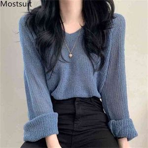 Thin Korean Knitted V-neck Sunscreen Tshirts Tops Women Flare Sleeve Solid Loose Fashion Female Pullovers T-shirts 210513