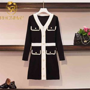 Fashion Spring Dress Women Elegant Vintage Black and White es Ladies Runway Long Sleeve Sweater knitting 210506