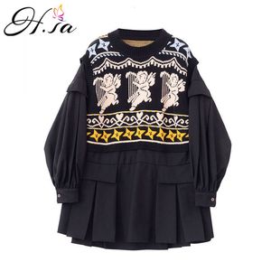 H.SA Frühlingskleidung für Frauen im koreanischen Stil Pullover und Pullover Fake 2 Stück Patchwork Strickwaren Übergroße Tops Pull Femme 210417