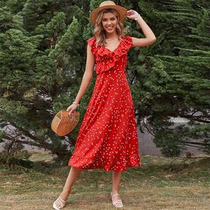 Abito lungo estivo a pois vintage Abito da donna Abito estivo rosso con volant senza schienale Chic Boho Beach Style Vestido lungo 210427