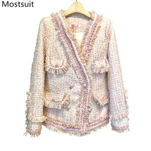 Coreano Elegante Vintage Tweed Mulheres Casacos Casacos Outono Inverno Longa Manga V-Neck Duplo-Breasts Tassels Tops Femme 210518