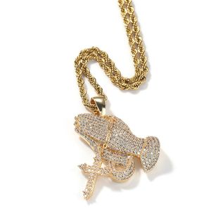 Collana con ciondolo con mani di preghiera con diamanti cubici ghiacciati, placcato in oro e argento con catena da tennis, regalo di gioielli hip-hop vintage