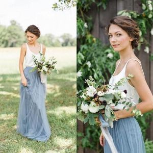 2021 Vintage Dwa Tone Sukienki Druhna Kraj Wedding Maid of Honor Dresses Scoop Neck Line White I Dusty Blue Tulle Długie Formalne Suknie