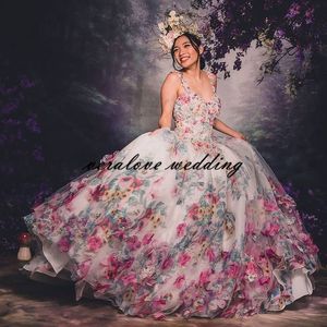 2021 Quinceanera bollklackar klänningar 3d blommor flöden söt 16 klänning golv längd puffy party klänning vestidos de 15 años