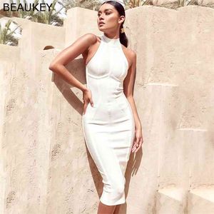 Beaukey kvinnor vintage bandage klänning turtleneck ärmlös fest kändis vit bodycon plus storlek xl vin röd svart vestido 210331