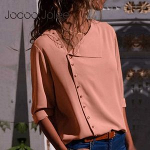 Jocoo Jolee Damen Langarm-Chiffonblusen und Tops, modisch, Schrägkragen, Knopfleiste, Bürohemden, Freizeitoberteile, Blusas 210619