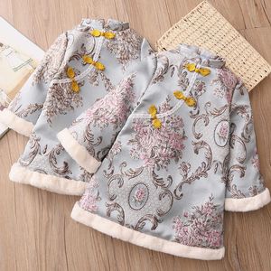 Girls Winter Cheongsam Year 2-10 Years Embroidery Plus Velvet Ethnic Chinese Tang Style Thickening Kids Baby Girl Dress 210529