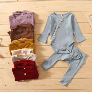 Baby Clothings Set Solid Färg Stripe Pit Långärmad Byxor Pojkar Tjejer Bomull Pyjamas Kids Suit YL586