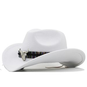 2022 Solid Färg Faux Wool Felt Cowboy Hat Kvinnor Män Rulla upp Brim Fedora Mössor med Cow Head Band Jazz Top Hat för Party Travel