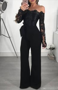 Snörning Långärmade Kvinnor Jumpsuits Aftonklänningar Bateau Neck Off The Shoulder Pant Suits Prom Klänning Svart Special Occasion Grows 2022