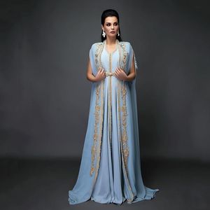 Sky Blue Moroccan Caftan Evening Dress with Gold Embroidery Sweep Train Chiffon Saudi Arabic Formal Prom Gowns