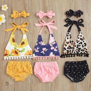 barnkläder sätter tjejer blommor outfits barn pompom solros blommiga leopard toppar + prickar shorts + huvudband 3pcs / set sommar mode boutique baby kläder