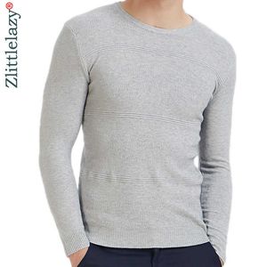 2021 Casual Slim Fit Pullover Männer Pullover Feste elastische dünne Oansatz Pullover Herren Herbst Winter Unterwäsche Pull Knit Jersey Grau Y0907