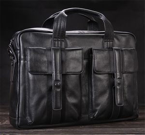 Briefcase Men Genuine Leather Fashion Luxury Business Laptop Bag 15.4"inch Office male portfolio Black