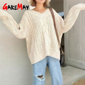 Kobiety Sweter Zima Koreański V Neck Swetry Wełna Dzianiny Różowy Luźny Twórz Długi Rękaw Plus Size Sexy 210428