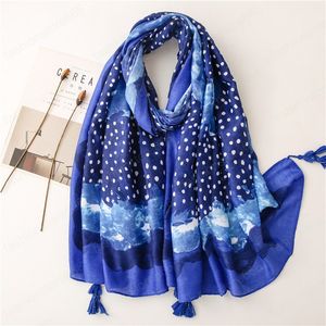 Moda Navy Blue Dot Kwiatowy Tassel Wiskoza Hidżab Szale i Okładki Female Foulard Echarpe Muzułmanie SJAAL 180 * 90cm