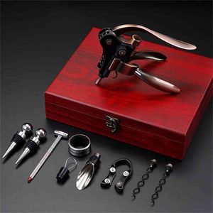 Zinc Alloy Wood Wine Set Bottle Opener Stopper Pour Touch Cork Skruv Dropp Ring Vin uppsättning Kaninformad Röd Vin Korkskruv Set 210915