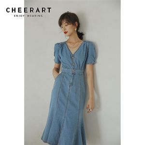 Puffärmel Sommer Denim Meerjungfrau Kleider Frauen Kurze V-Ausschnitt Tunika Damen A-Linie Lange Midi Blue Jean Kleid 210427