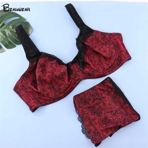 Beauwear Plus Size 38D-48D Biustonosz Zestaw Bielizna Non-Pianka Puchar Push Up Brassiere Floral Print Bra z sexy High-Vaist Majtki Zestaw 211104