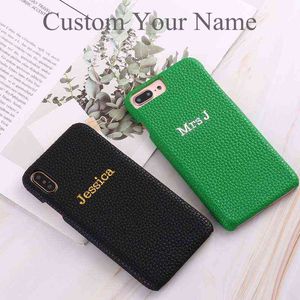 Personalization Custom Initial Name Pebble Grain Luxury Leather Phone Case For iPhone Pro X XR XS Max Plus Coque G0211