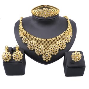 Luxus Gelb Gold Farbe Blume Kristall Schmuck-Set Für Frauen Halskette Armband Ohrringe Ring Hochzeit Braut Schmuck Sets