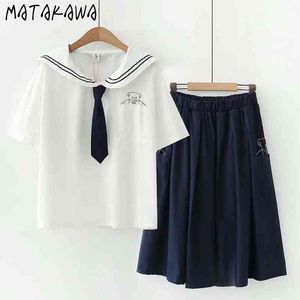 MATAKAWA Japan Style Sweet Two-piece Set for Women Sailor Collar Short-sleeved White Shirt Tops + High Waist Skirt 210513