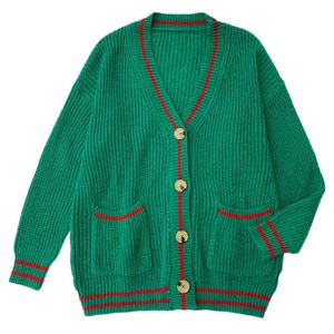 Zielony czerwony szary beżowy sweter dzianiny v szyi z długim rękawem Cardigans kieszeń jedno breasted casual luźna jesień M0169 210514