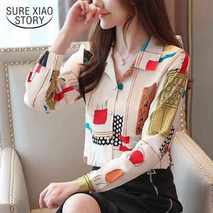 Autumn Fashion Korean Long Sleeve Chiffon Shirts Printing Button Suit Collar Shirt Women Tops and Blouses 6516 50 210417
