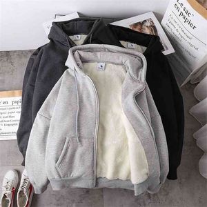 Jacket women solid color autumn winter imitation lamb wool korean loose plus velvet thick hooded zipper sweatshirt tops 210803