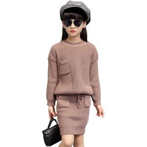 Kids Clothes Set Solid Color Girl Knitted Sweater + Skirt Clothing Spring Autumn Children's Costume 6 8 10 12 14 210528