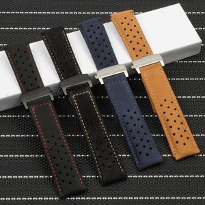 Kvalitet 22mm Cow Leather Watchband för Tag Heuer Carrera Serie Men Band Watch Strap Wrist Armband Tillbehör Folding Spänne