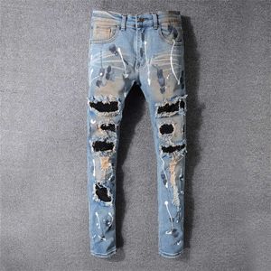 Erkek tasarımcı kot pantolon yırtık çırpılmış bisikletçi ince fit motosiklet denim erkekler için en kaliteli moda jean mans pantolon dökme hommes