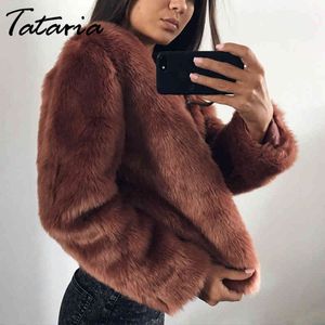 Tataria S-4XL Furry Fur Coat Kvinnor Långärmad Plus Size Fluffy Warm Overcoat Kvinnors Vinter Tjock Kvinna Plush Jackor 210514