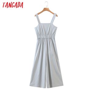 Summer Women Gray Crop Sleeveless Pocket Female Casual Jumpsuit QW79 210416