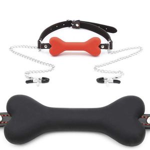 Silicone Bonito Cão Sólido Bola De Bola Borgueira Com Ferro Chain Clips Bream Bread BDSM Bondage Bondage Conjunto Flerting Fetish X0728