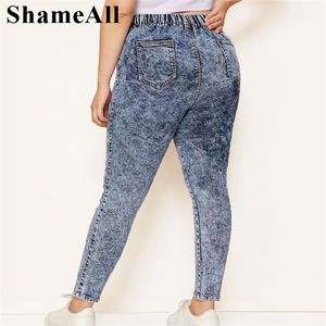 Plus Size Elastic Cintura Alta Cintura Snow Lavar Pencil Calças Jeans Femininas Casuais 3 4 5XL Mulheres Esticão Longo Denim Calça Calças Mãe 210629