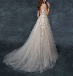 2021 Vestidos de casamento de flor 3D Uma linha lace appliqued beading sem costas varrer trem vestidos nupciais robe de mariée