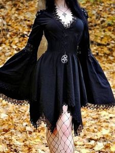 Dorywczo Dresses Gothic Sexy Off Ramię Czarna Sukienka Kobiety Chic Wydrążony Koronki Krawędzi Pentagram Design Punk Style Y2K Party Mini Vintage