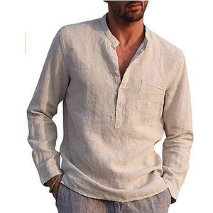 Khaki Shirts for Men Long Sleeve Casual V-Neck Mens Shirt Spring Autumn Linen Solid Chemise Homme Beach Holiday Camisas 210524