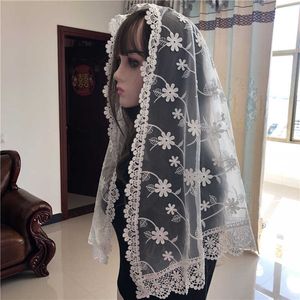 White Mantilla Lace Catholic Veil for Chapel Church 3D Floral Head Covering Elegant Ladies Scarf Latin Mass Vela Voile Dentelle X0726