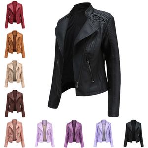 Turn-down Collar PU Outwear Faux Leather jackets Women Luxury Jacket Black Pink Red Biker Coat 210909