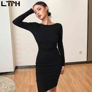 Autumn arrival sexy chain big backless knit long sleeve women dress slim bag hip Office Lady simple base dresses 210427