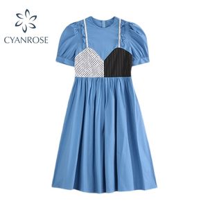 Fack Due pezzi Francese Patchwork Fairy Dress da donna Elegante Elegante Vintage Puff Bold Manica Corta Design Abbigliamento estetico 210515