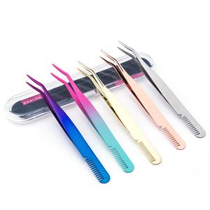 Partihandel Färgrik Ögonfransar Tweezer Multifunktionell Ögonfrans Curler Eyebrow Comb Rostfritt Stål 3D False Lashes Extension Makeup Tool