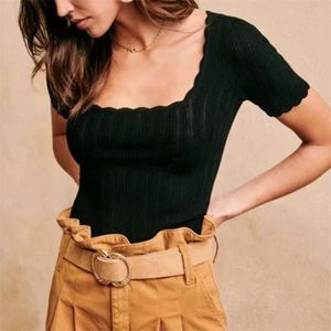 Women Square Neck Pretty Stitch Short Sleeve Knit Top Pointelle Knit Top With Wave Trim S214 210917