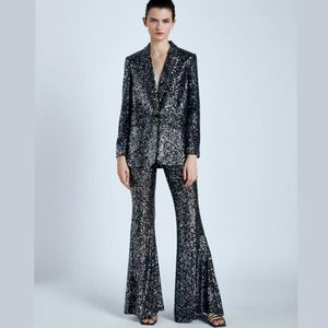 Sparkly Beaded Sequin Pants Suits Women 2 Two Piece Set Stylish Glitter Blazer Suit Jacket Wide Leg Trousers Work Stage Clothes Women's