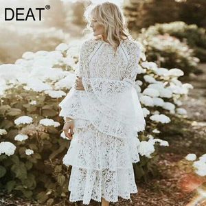 O-neck Collar Flaring Long Sleeve Solid White Ruffle Lace Dress Mall Goth Fashion Women Clothing summer dress GX423 210421