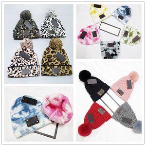 Leopard Print Knitted Hat Pompom Hair Ball Hatss Women's Spring and Winter Warm Wool Hats Outdoor