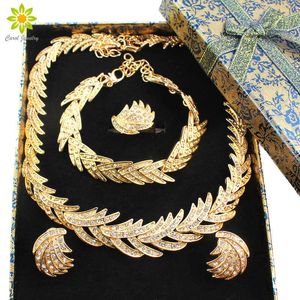 Afrikanska pärlor smycken uppsättningar för kvinnor lämnar form guld färg kristall halsband örhängen armband bröllop tillbehör + presentförpackningar h1022